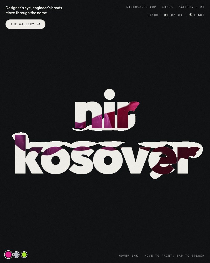 Heavy light letters of the name nir kosover on black, torn open by pink ink