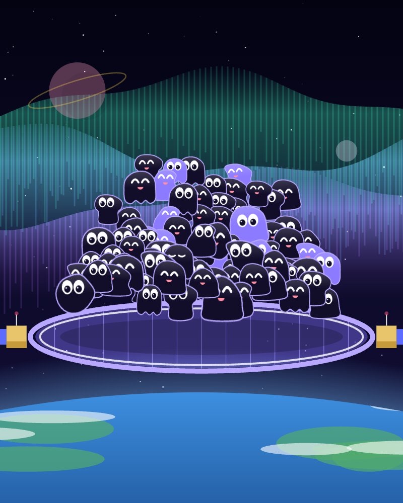 The whole tribe on one giant trampoline, bouncing up toward space