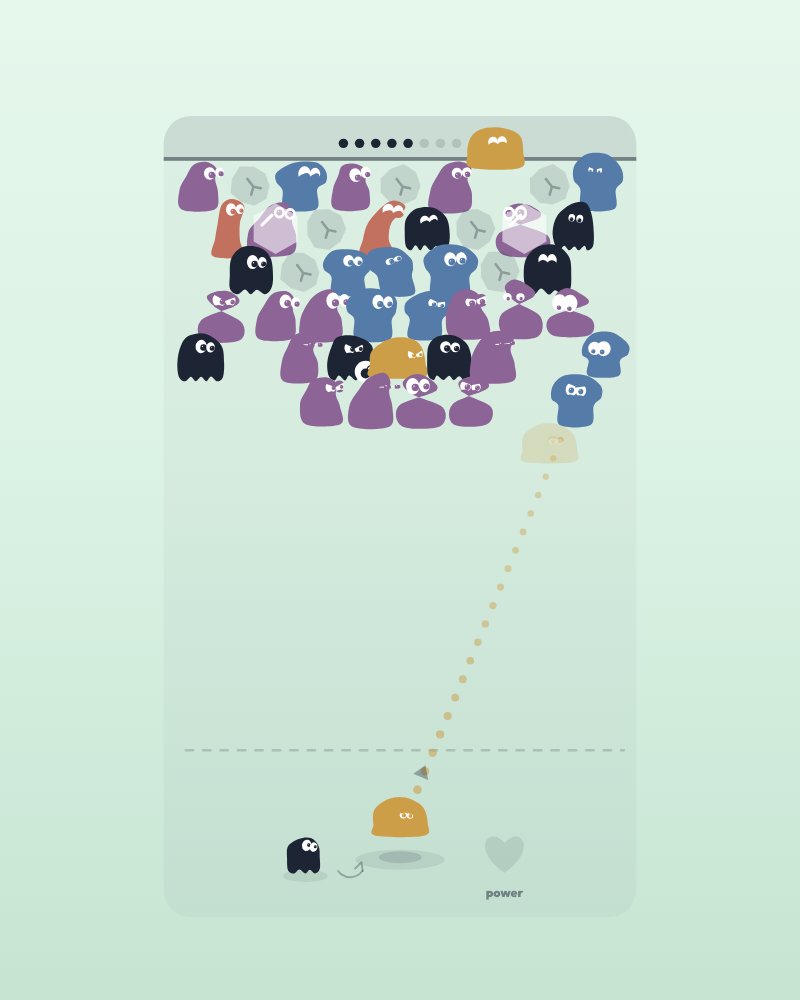 A heart-shaped cluster of colourful creatures hanging above a launcher