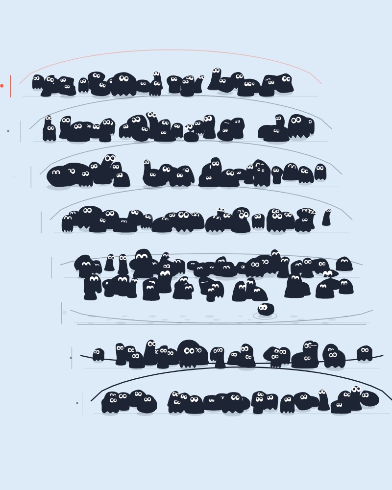 Eight rows of creatures jumping their ropes in a diagonal wave