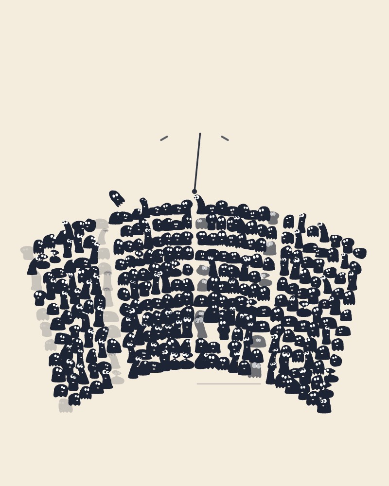 Three hundred tiny singers in curved rows under a conductor's baton