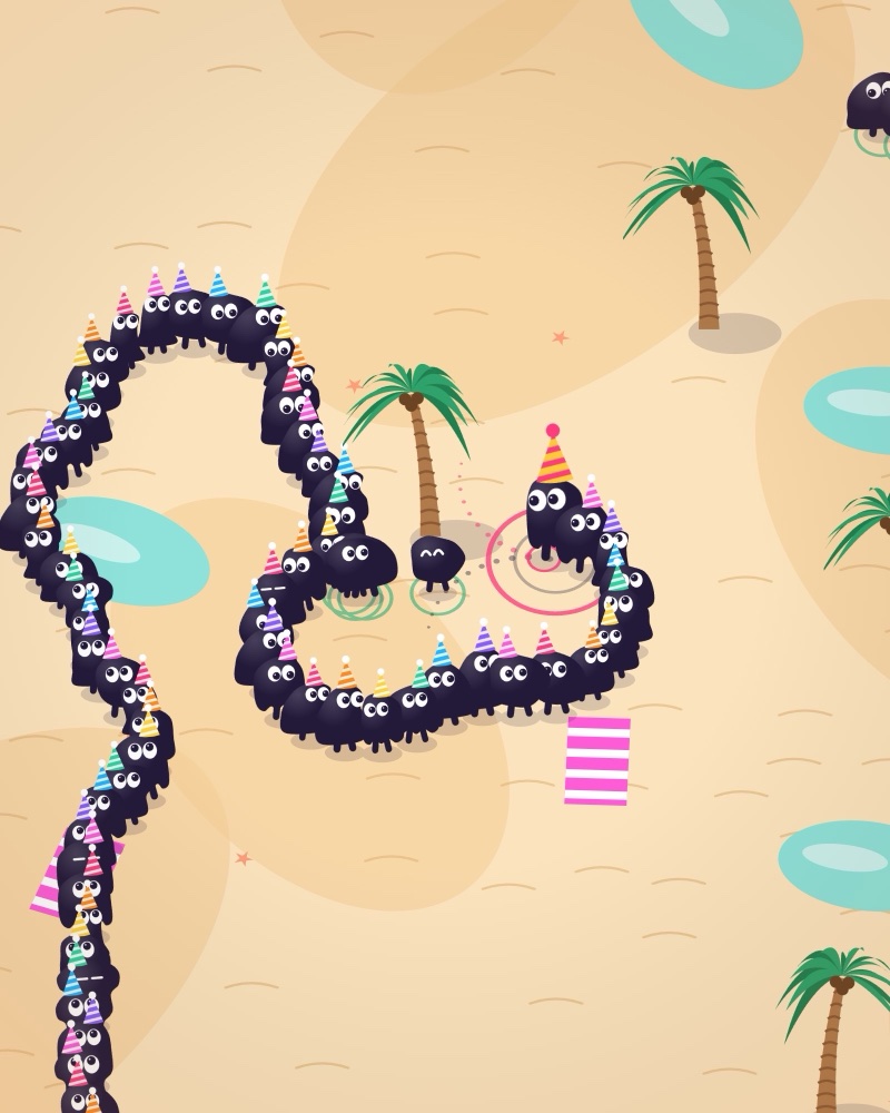 A long conga line of creatures in party hats winding across a beach