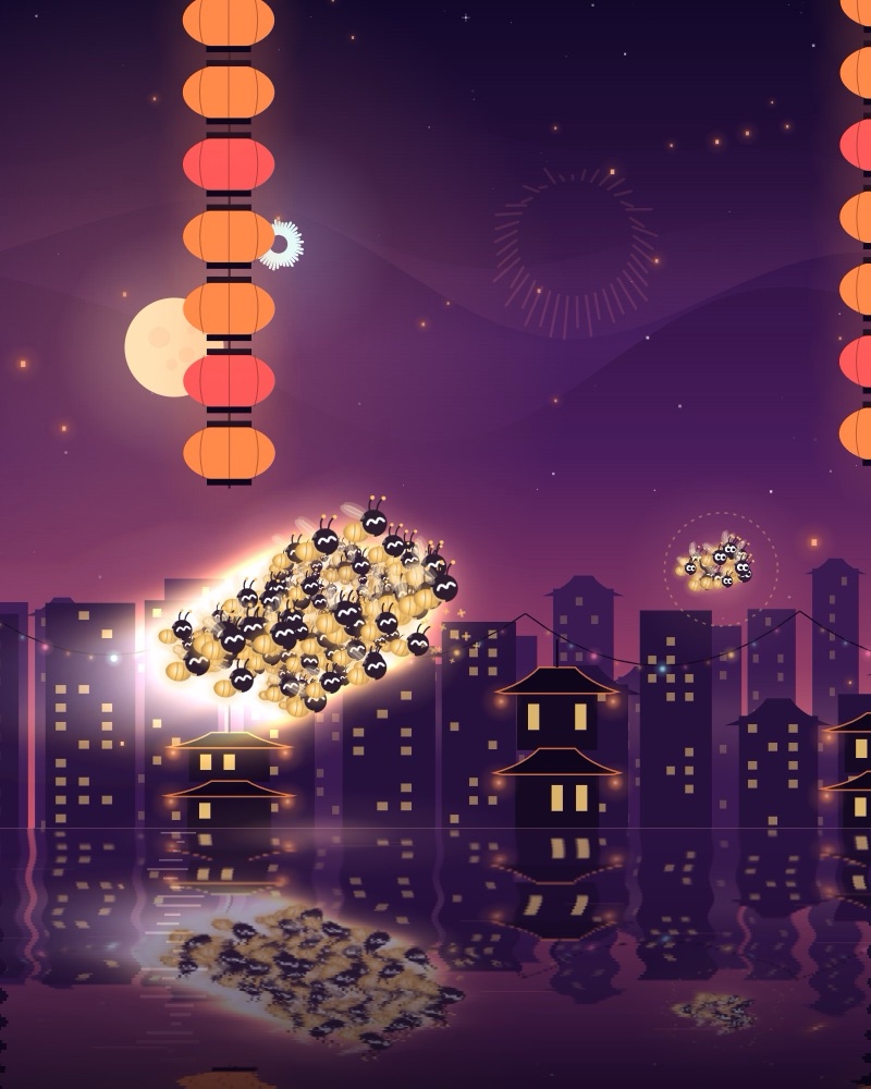 A swarm of fireflies over a lake at a lantern festival
