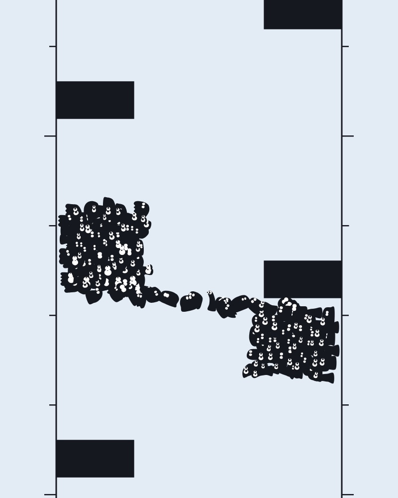 A crowd rippling between a floor line and a ceiling line