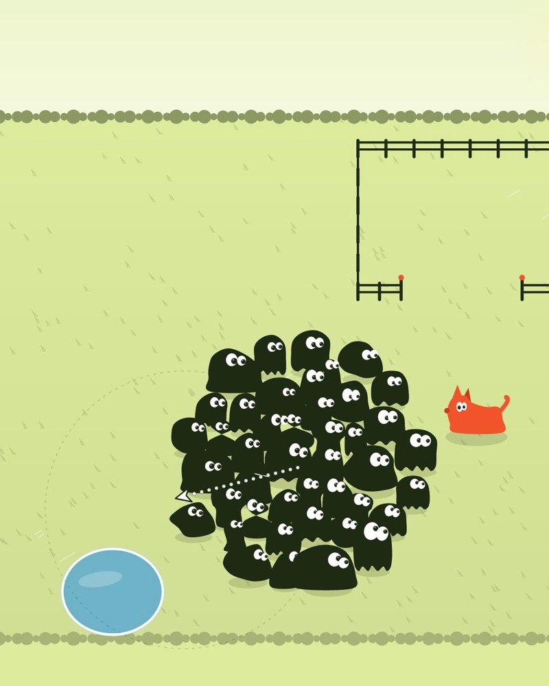 A flock of creatures bolting across a meadow with a dog behind them
