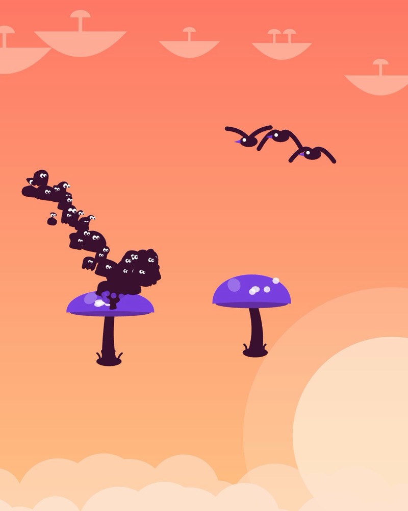 A ribbon of creatures bouncing between giant mushrooms at sunset