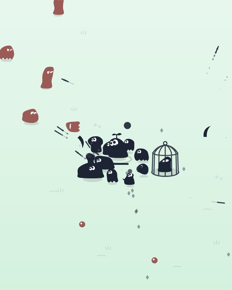 A creature leading a crowd of allies through a horde of shadow monsters