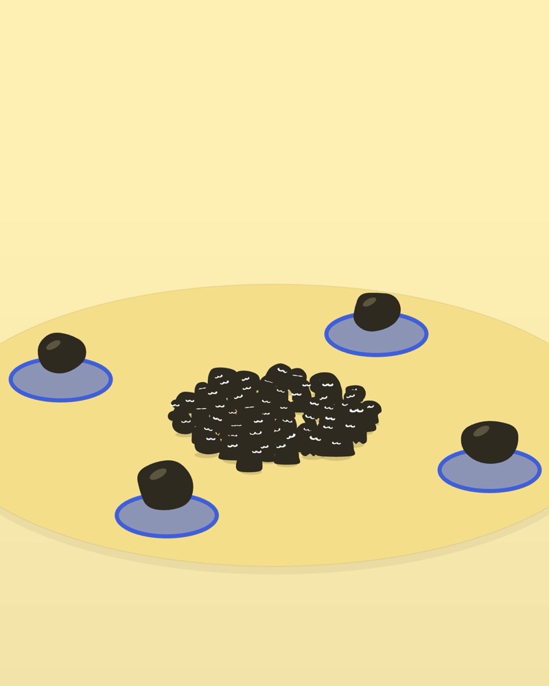 A tight huddle of creatures with rocks raining around them