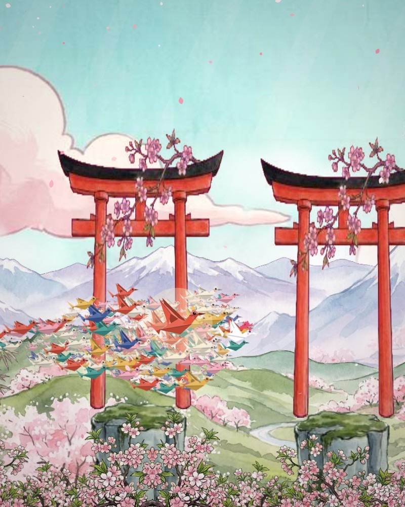 Origami birds flying through torii gates over a painted valley