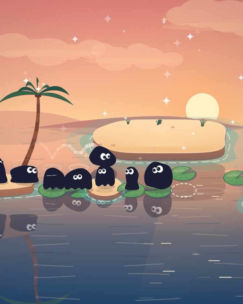 Creatures leapfrogging over each other across water between islands