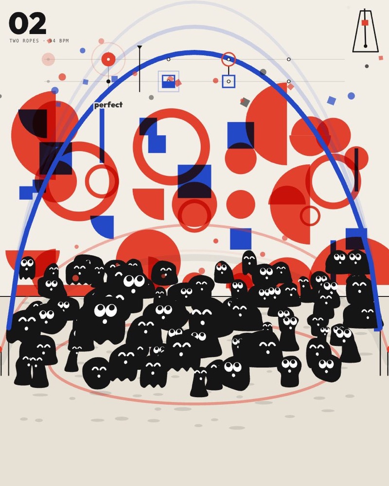 A Bauhaus poster of circles and squares above a jumping crowd