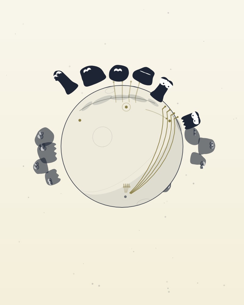 A dozen big creatures standing around a tiny turning planet