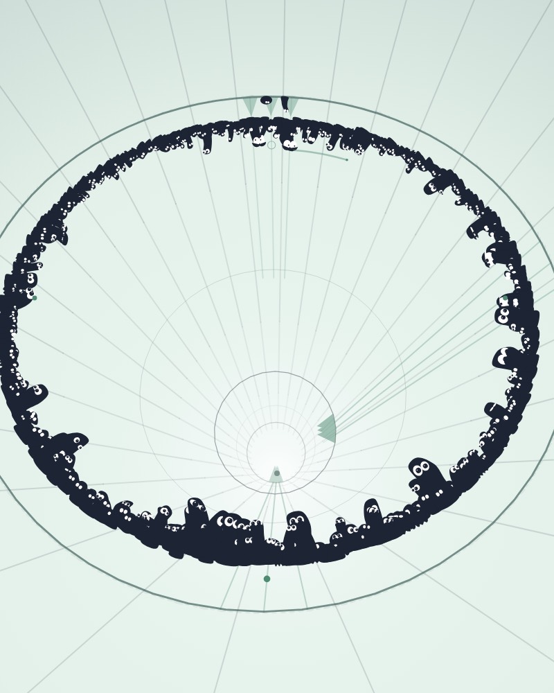 A ring of creatures inside a tube, spikes coming out of the depth