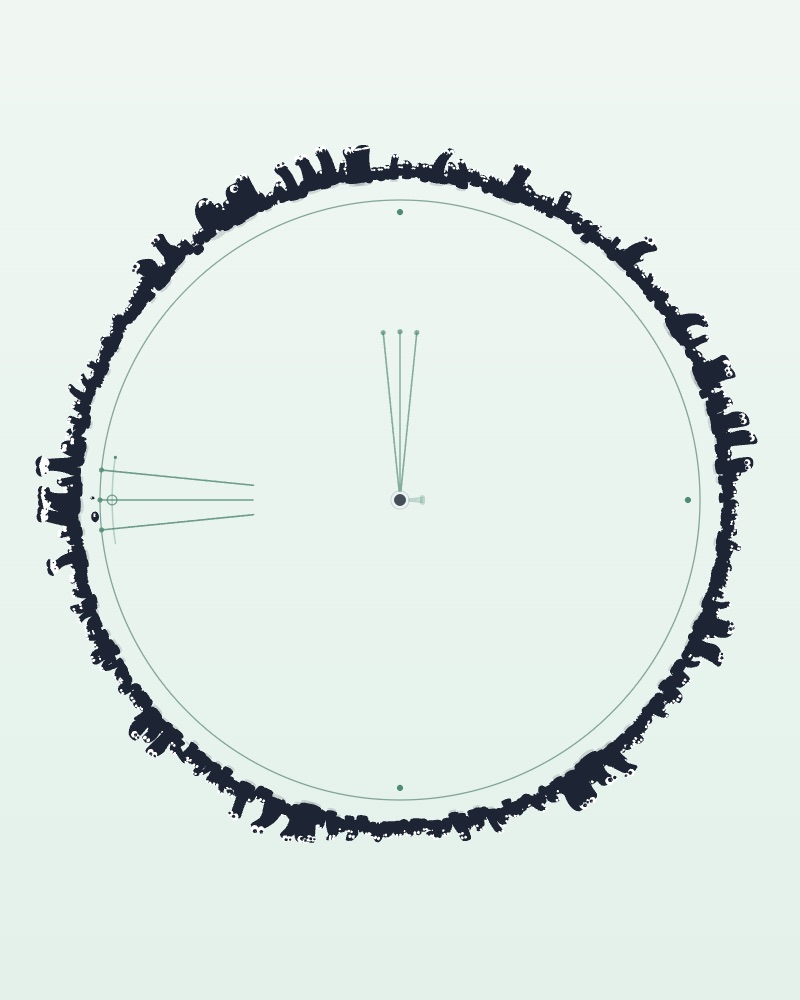 A ring of three hundred creatures jumping outward around a pulsing centre