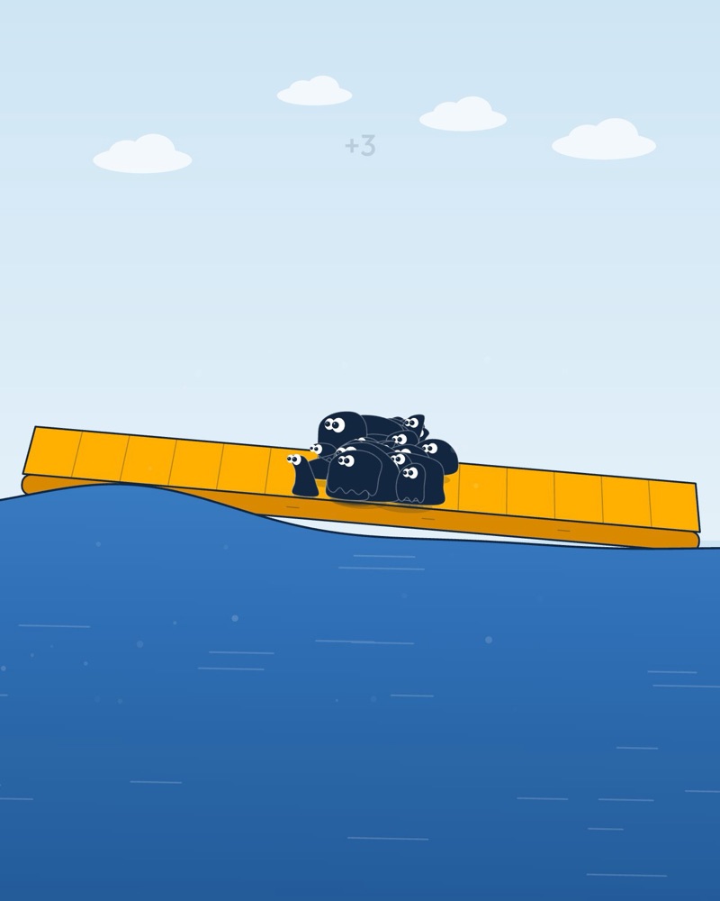 A crowd of creatures rushing across a tilting raft on a swell