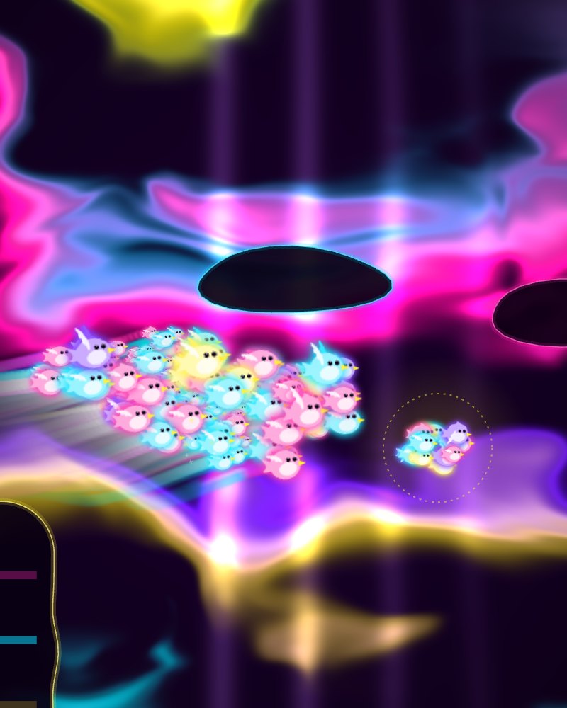 A glowing flock over a river of flowing colour