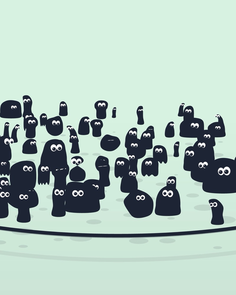 A crowd of round creatures jumping over a swinging rope
