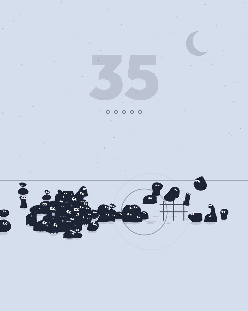 Round white sheep leaping a fence under a crescent moon