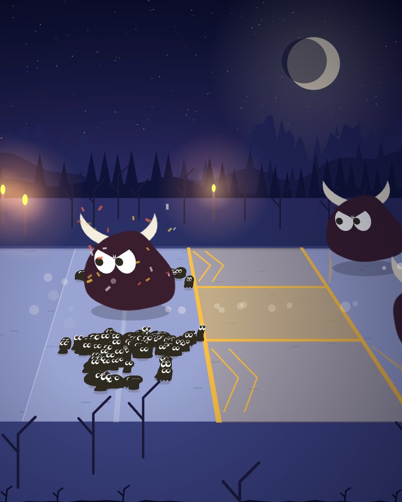 A tribe parting around a charging horned beast at night