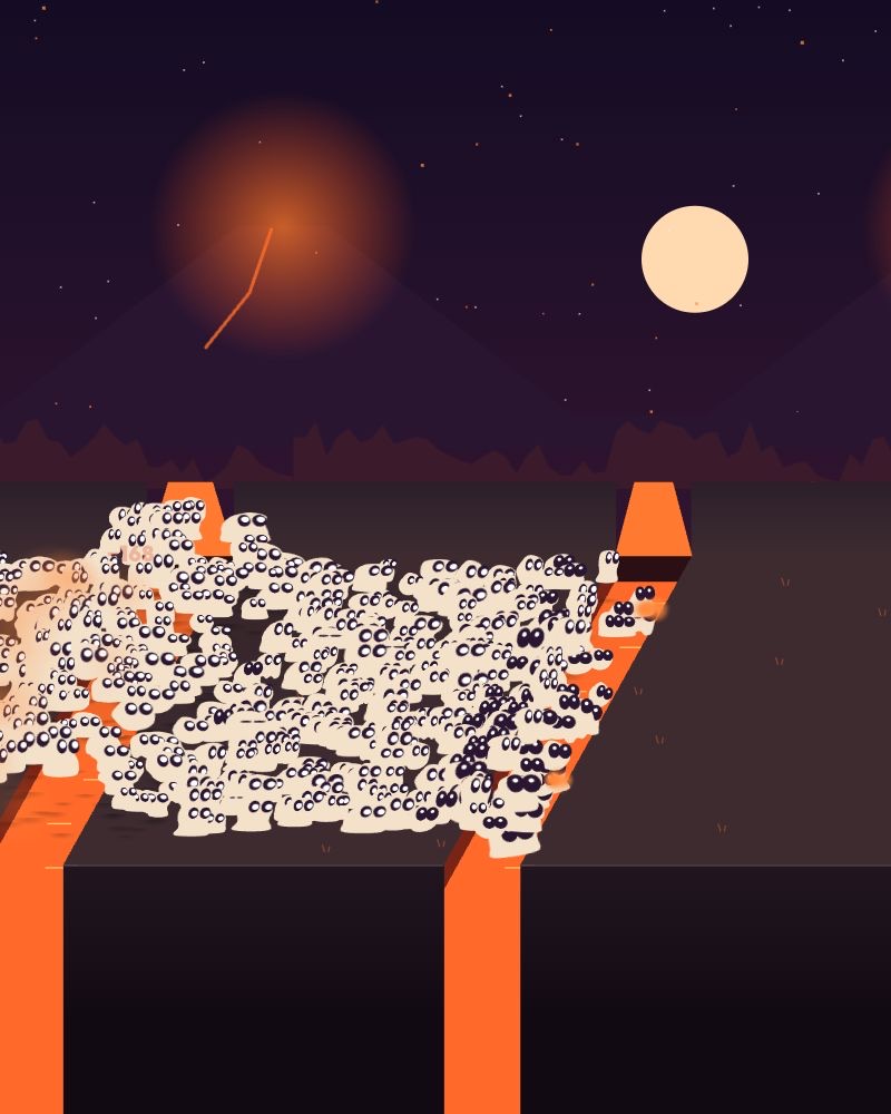 Hundreds of creatures stampeding over lava rifts at night