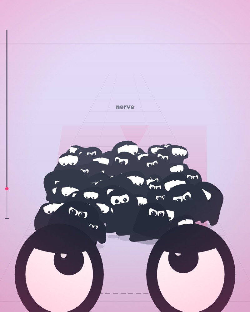 A crowd walking down a field toward two huge eyes at the bottom