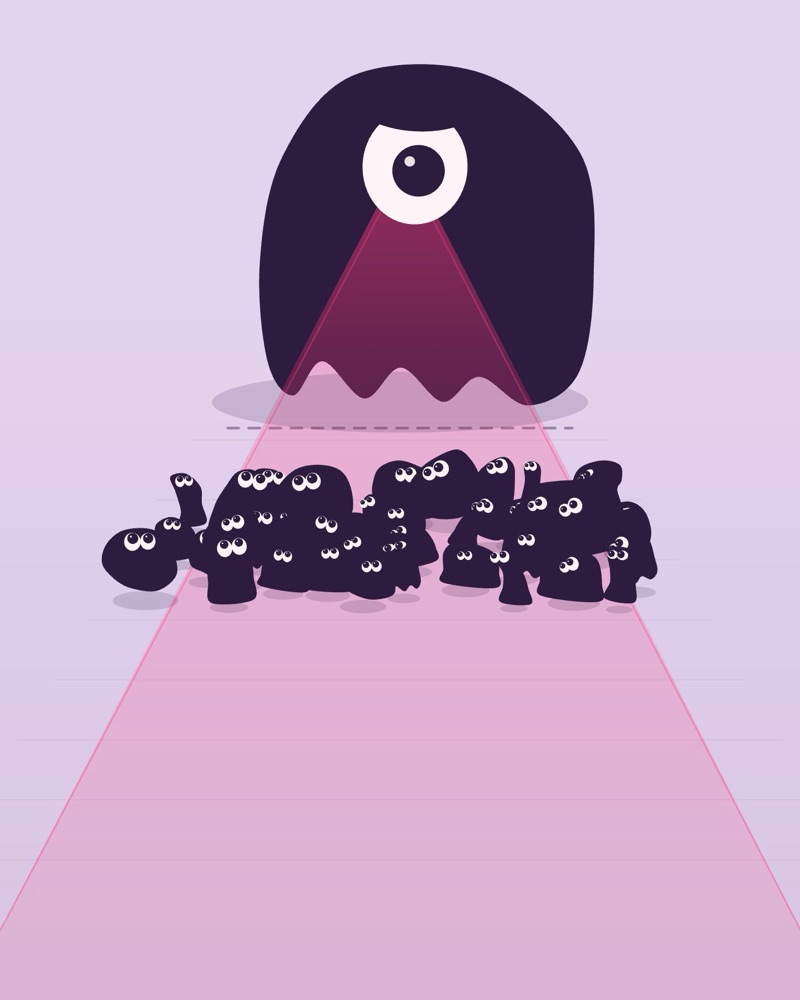 A crowd of creatures frozen mid-step in front of a giant watching creature