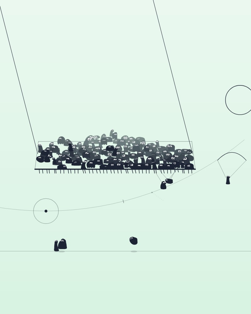 A giant swing crowded with creatures, riders parachuting down