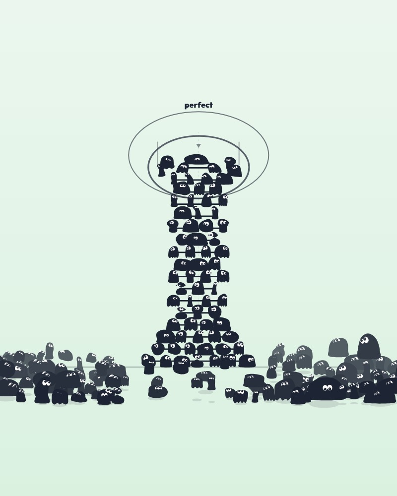A human pyramid of creatures rising into the night sky