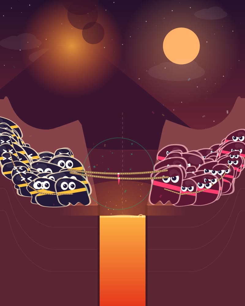 Two tribes heave on a rope over a lava pit under a volcano